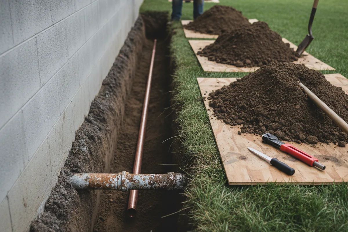 Excavated water line trench during Water Softener Installation in Cylinder